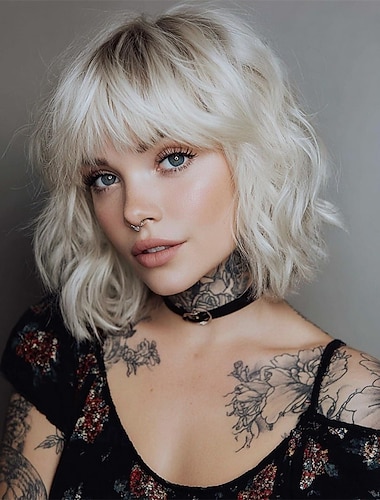  Krótkie blond ombre peruki bob dla kobiet, falowana blond peruka z grzywką, popielaty blond peruka, syntetyczne włosy, fale wodne, średniej długości kolorowe peruki