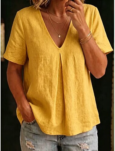  Mulheres Camisa Social Blusa Elegante Boêmia Manga Curta Decote V Tops longos Praia Preto Branco Azul Céu Roxo Dourado Verão Primavera