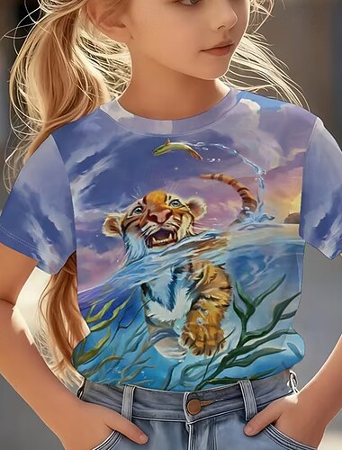  Jungen 3D Grafik Tiger T-Shirt Kurzarm 3D-Druck Sommer Frühling Sport Mode Streetwear Kinder 5-12 Jahre Rundhalsausschnitt Lässig Täglich Outdoor Normale Passform