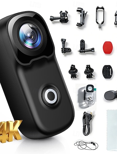  4k actionkamera med komplett tilbehørssett, mini wifi-tommelkamera med vanntett etui, bærbart POV-kroppskamera for vlogging &sport, bærbart lite videokamera for sykling, reiser, kjæledyr
