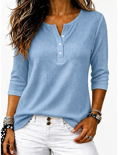  Dames Wafel T-shirt T-shirt Knop Effen Kleur Elegant Modieus Korte mouw V-hals Normale tops Casual Dagelijks Licht Blauw bordeaux Wit Blozend Roze khaki Zomer Lente