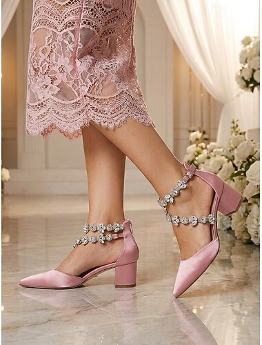  Rosa Satin-Pumps mit Blockabsatz für Damen – elegante Schuhe mit Kristallriemen für Cocktailpartys und Abendveranstaltungen