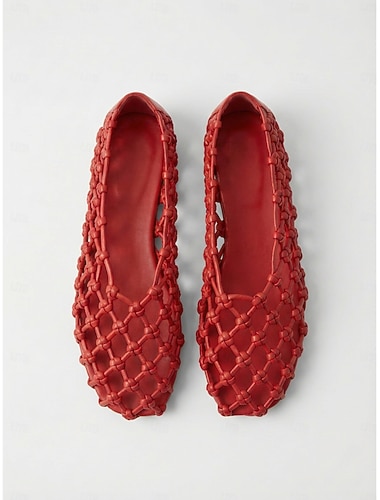  Dames rode geweven mesh ballerina's - ademende gevlochten schoenen met vierkante neus, comfortabele zomersandalen voor strand en vakantie