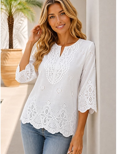  Mulheres Blusa Renda Bordado Côr Sólida à moda Casual Manga 3/4 Decote V Tops regulares Casual Diário Branco Verão Primavera