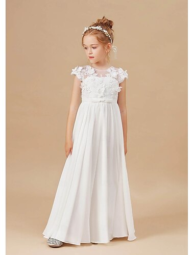  Linea ad A Lunghezza al pavimento Abito da damigella d'onore bambina Prima comunione Ragazze Abito da ballo carino Chiffon con Applicazioni Elegante Misura 3-16 anni