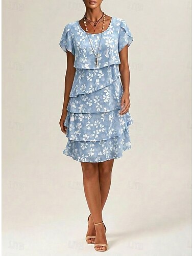  Dam Knälång klänning Chiffongklänningar Blommig klänning Elegant Mode Modern Semester Fest Helgen Normal Blommig Kortärmad Rund hals Blå Gul Rodnande Rosa Purpur Sommar Vår