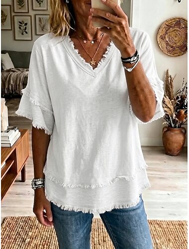  Mulheres Blusa Frufru Côr Sólida Moda Diário à moda Manga Curta Decote V Tops regulares Casual Diário Azul Branco Amarelo Rosa Verão Primavera