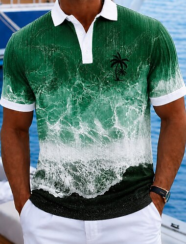  Herre Ocean Hawaii poloskjorter Kortærmet Polo skjorter Skjorter med krave Afslappet atletiktøj 3D-udskrivning Knapper Åndbar måtte Forår sommer Blå Lilla Grøn