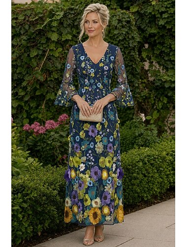  A-linje Klänningar Golvlång Ankellång Spetsklänning Cocktail klänning Klänning till brudens mor 3/4 ärm V-hals Elegant Lyxig Formell Bröllopsgäst Semiformell Spets med Broderad Applikationsbroderi