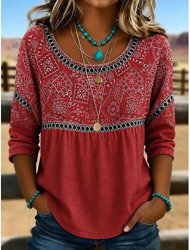  Mulheres Camisa Social Topo de ilhó Camisa casual Patchwork Botões Imprimir Elegante Boêmia Férias Manga Longa Gola Redonda Tops regulares Casual Azul Verde Claro Vermelho Verde Verão Primavera