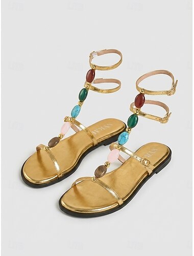  Damessandalen met gouden bandjes en platte zool - elegante gladiatorsandalen met veelkleurige edelsteenversieringen, perfect voor buitenresorts en strandbruiloften. &zomer vakantie outfits