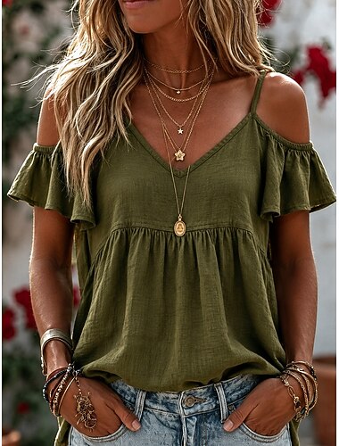  Mulheres Camisa Social Blusa Côr Sólida Tecido Elegante Boêmia Sem Manga Manga Curta manga babado Decote V Tops longos Casual Praia Final de semana Azul Cáqui Preto Verde Bege Verão Primavera