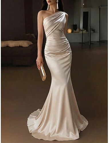  Meerjungfrauenschnitt Bodenlang Abendkleid Elegant Abendkleid mit Empire-Taille Ärmellos Ein-Schulter Hochzeit Formell Stretch Satin mit Falten Gerafft Einfarbig