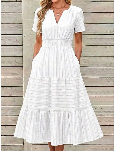  Mujer Vestido Midi Vestido informal Vestido de una línea Vestido de verano Básico Clásico Diario Vacaciones Ajuste regular Plano Manga Corta Escote en Pico Negro Blanco Amarillo Rosa Verano Primavera