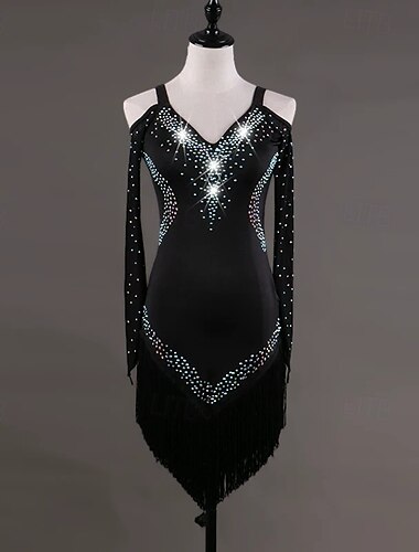  Danse Latine Robe Strass Gland Unisexe Soirée Entraînement Performance manche longue Haut Nylon
