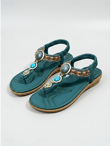  Sandali da donna bohémien con perline - sandali piatti con cinturino a T verde pavone e pietre turchesi &Cinturino elastico per la schiena, ideale per vacanze su isole e resort sulla spiaggia. &abiti