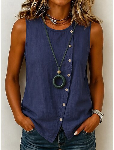  Mulheres Tanque Côr Sólida Gráfico Tecido Vintage Moda Sem Manga Gola Redonda Tops regulares Casual Azul Cáqui Verde Tropa Verão Primavera