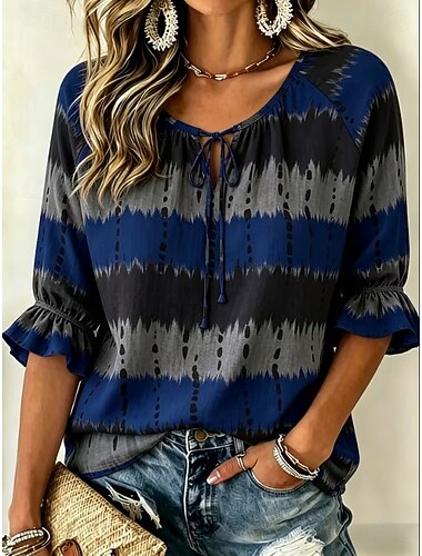  Dames Overhemd Grafisch Geometrisch Abstract Bohemen Vakantie Vintage Lange mouw Stropdas nek V-hals Normale tops Casual Dagelijks Feestdagen Koraalrood Blozend Roze Donkerblauw Zomer Lente