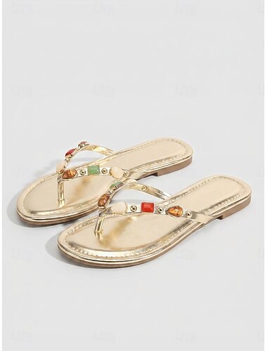  Metallic-goldene Damen-Flip-Flops – Boho-Strandsandalen mit mehrfarbigen Edelsteinanhängern &Strassverzierungen für Luxushotelpools, Inselurlaube &Sommerurlaube