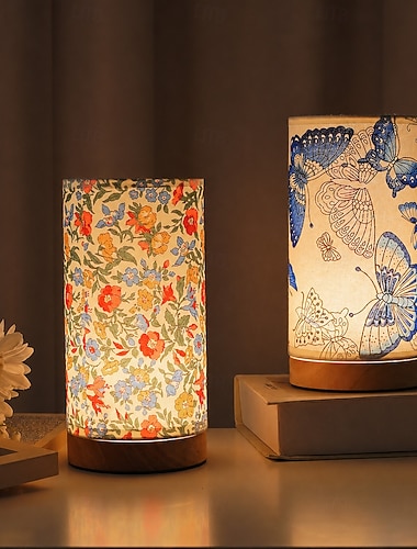  Abajur de mesa USB com cúpula de tecido – estampa floral &Luminária noturna com design de borboleta azul, 3 cores reguláveis, ideal para quarto, sala de estar, mesa de cabeceira e sala de jantar.