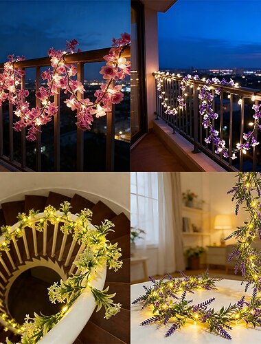 1,85 m lange Lichterkette mit 35 LEDs und künstlichen Blumen – Rosen, Schleierkraut, Lavendel &Trompetenblüten für Schlafzimmer, Wohnzimmer, Hochzeit, Party, Treppenhaus, dekorative Innenräume
