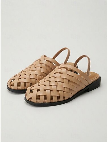  Women's Dark Brown Woven Gladiator Sandals - Closed-Toe Elastic Back Strap Fisherman Sandals with Low Heel for Beach, Travel & Casual Wear