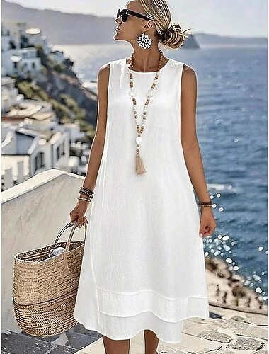  Femmes Robe Midi Robe d'été Élégant Plage Vacances Coupe Ample Uni Sans manches Col ras du cou Blanche bleu marine Été