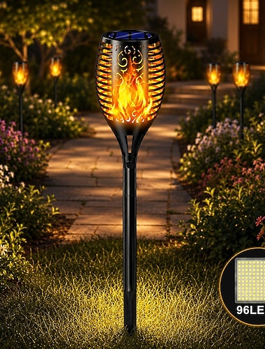  Lumière de jardin solaire flamme - 96 LED torche vacillante extérieure lampe de paysage étanche pour éclairage et décoration de chemin pour Halloween
