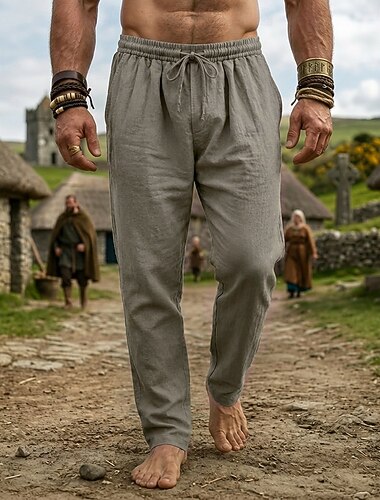  Medievale Rinascimento Pantaloni Vichingo Tessuto misto 95% lino Semplice Costume Per uomo Halloween Carnevale Performance LARP Fiera Rinascimentale Adulti Pantaloni