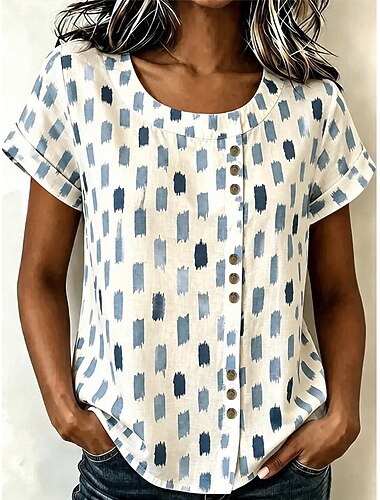  Dames Blouse Knop Afdrukken Bloemig Grafisch Vintage Tropisch Stijlvol Korte mouw Strakke ronde hals Lange tops Casual Feestdagen Wit Lichtgroen Blozend Roze Licht Blauw Zomer Lente