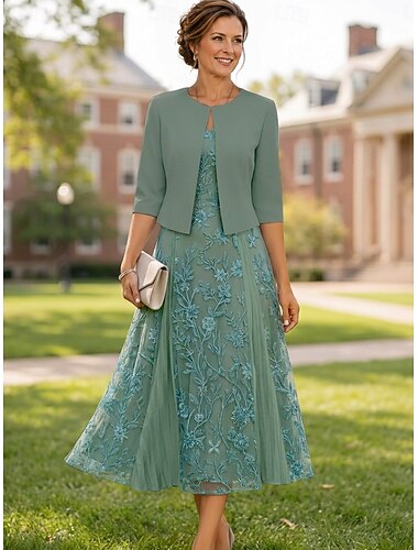  Deux Pièces Ligne A Longueur thé Robe d'invité de mariage Robe de Mère de Mariée  Manche Courte Manche 3/4 Col en V Élégant Simple Luxueux Formel robe demoiselle d honneur Dentelle Crêpe Extensible
