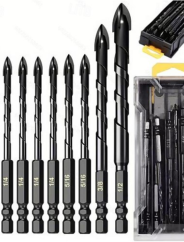  Set van 10 betonboren - 1/2 inch wolfraamcarbide, 5+6+8+10+12 mm betonboren, metselwerkboren voor baksteen, glas, kunststof en hout, inclusief punt voor tegels en wandspiegels.
