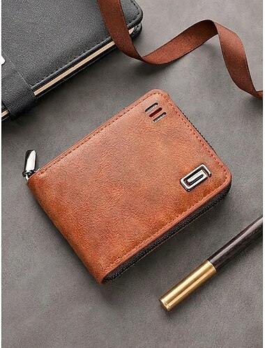 Herrplånbok i konstläder med dragkedja, kompakt vikning med kortfack och kontantfack, minimalistisk design för daglig pendling, affärer, resor och fritidsbruk
