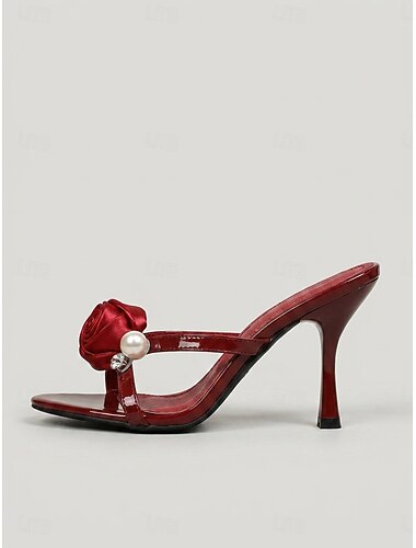  Dames muiltjes met hoge hakken in bordeauxrood en roze - parelmoer &Elegante schoenen met bloemenversiering voor gasten op een stadsbruiloft