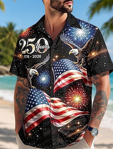  4 luglio 2026 250° Per uomo Bandiera Americana 1776 Camicia Camicia Estiva Camicia con Bottoni Manica Corta Patriotico All'aperto Festival Estate Primavera Collo ripiegato Stampa 3D camicie con
