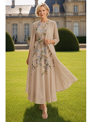  Zweiteilig A-Linie Knöchellänge Kleid für Hochzeitsgäste Brautmutterkleid Ärmellos Dreiviertelarm Rundhalsausschnitt Elegant Einfach luxuriös Formell Hochzeitsgast Chiffon Spitze mit Stickerei