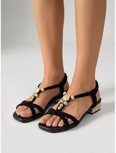  Sandalias bohemias negras para mujer: sandalias de tiras con tacón bajo de bloque y cuentas de piedra natural. &Detalles de pedrería dorada para vacaciones en la isla y cenas frente al mar. &ropa de