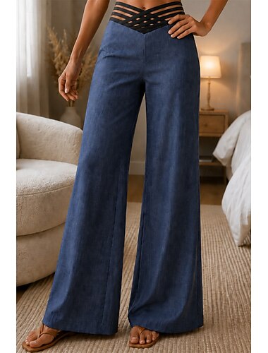  Damen Hose Anzughose Mode Streetwear Arbeit Volle Länge Hohe Taille Einfach Weites Bein Elastischer Bund Komfort Weich Atmungsaktiv Mikroelastisch Outdoor Büro Straße Blau Navy-Blau Schwarz Weiß
