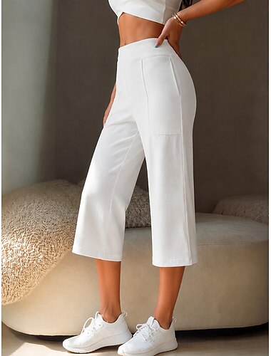  Dames Breed Been Chinese Vakantie Klassieke Stijl Basic Capris Hoge taille Effen Zak Comfortabel Comfort Zacht Rekbaar Casual Sportschool Yoga Abrikoos Zwart Wit Leger Groen Lente Normale pasvorm