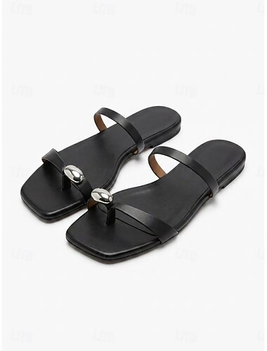  Svarte flate sandaler med firkantet tå og sølvfarget metallpynt til dame – minimalistiske sandaler med tåløkke for sommerstranden &ferie