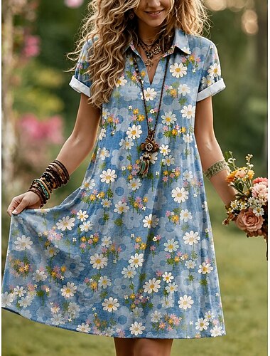  Per donna Abito al ginocchio Abito a trapezio Vacanza Casual Boho Spiaggia Vestibilità regolare Floreale Grafico Manica Corta Bavero Blu Viola Estate Primavera