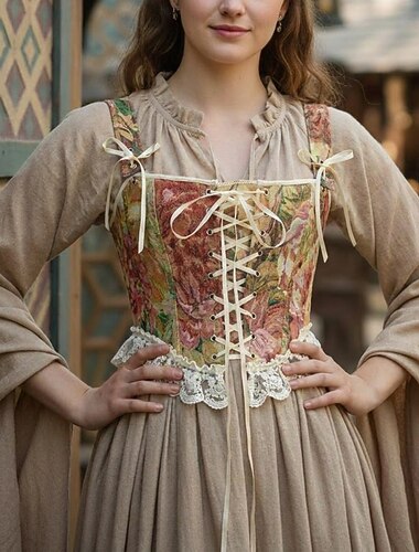  Medieval Renascentista Cottagecore Corpete Espartilho de Tronco Inteiro Floral Fantasia Mulheres Fantasia Dia Das Bruxas Carnaval Casual / Diário feira renascentista LARP Adulto Corpete Primavera