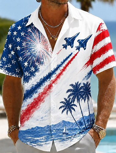  Men's 250-årsjubileum Patriotisk Amerikansk Flagg 1776 2026 Skjorte Med Knapper Kortermet Sommerferie Topp