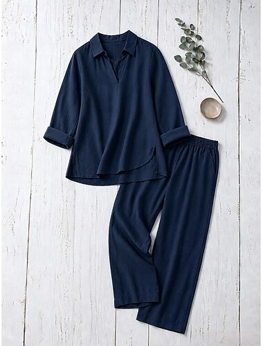  Damen-Baumwoll-Leinen-Sets, Loungewear-Sets, Basic-Casual-Bequem, einfarbiges Hemd und Hose, langärmlig, Reverskragen, schwarz, braun, khaki, dunkelblau, Sommer, Frühling