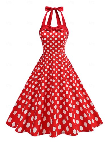  1950s Retro Antiguo Rockabilly Mediodía Vestido Midi Vestidos Sin Mangas Cabestro A Lunares Ajustado / Acampanado Cuello halter Disfraz Mujer Víspera de Todos los Santos Carnaval Festival de Música
