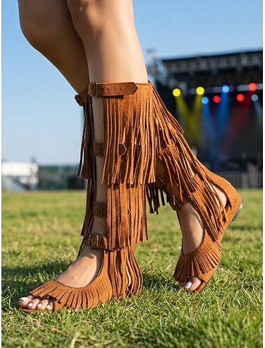 Dames gladiatorsandalen van bruin suède met franjes - bohemian hoge knielaarzen met meerdere lagen kwastjes &Verstelbare gespen voor openluchtmuziekfestivals en rave-outfits. &woestijn