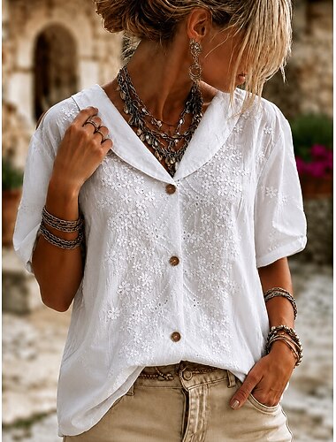  Per donna Camicia Top traforato Camicia di Pizzo Pizzo Elegante Bohemien Vacanza Manica Corta Scollo a V Top lunghi Casuale Bianco Estate Primavera