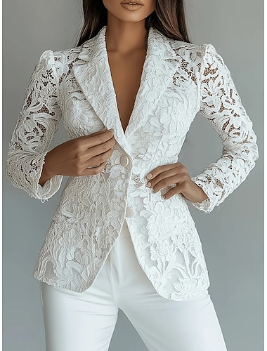  Mulheres Jaqueta casual Jaqueta de renda Blazer de renda Leve Renda Elegante Floral Casual Formal Final de semana Frente abotoada Padrão Lapela Chanfrada Normal Manga Longa agasalhos Preto Branco