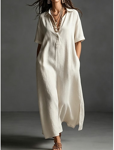  Dames Maxi-jurk Linnen jurken Elegant Vakantie Ruim Passend Effen Korte mouw Overhemdkraag Zomer