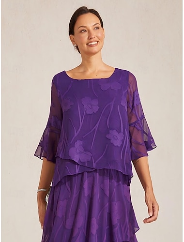 Mujer Camisa de encaje Blusa Tops elegantes Tops de gasa Costura asimétrica Color sólido Floral Flor Elegante Manga 3/4 Campana Escote Barco Tops regulares Diario Trabajo Invitado a la boda morado